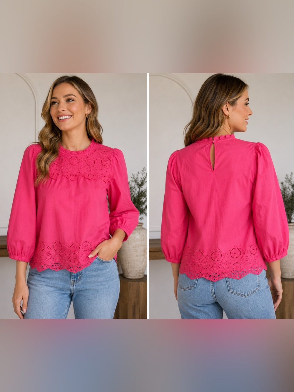 St. John's Bay Bright Pink Eyelet Embroidered Yoke Blouse - Picture 7 of 7